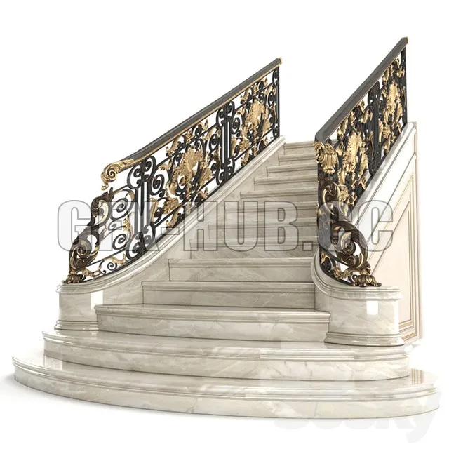 PRO MODELS – Beige marble staircase with wrought iron railing