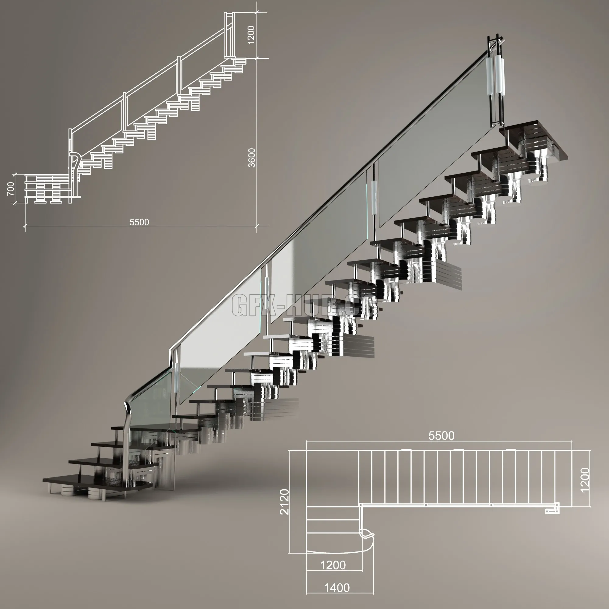 PRO MODELS – Cantilevered staircase modern style