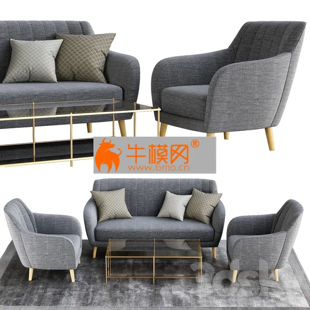 SOFA – Sillon and sofa retro tela gris patas madera