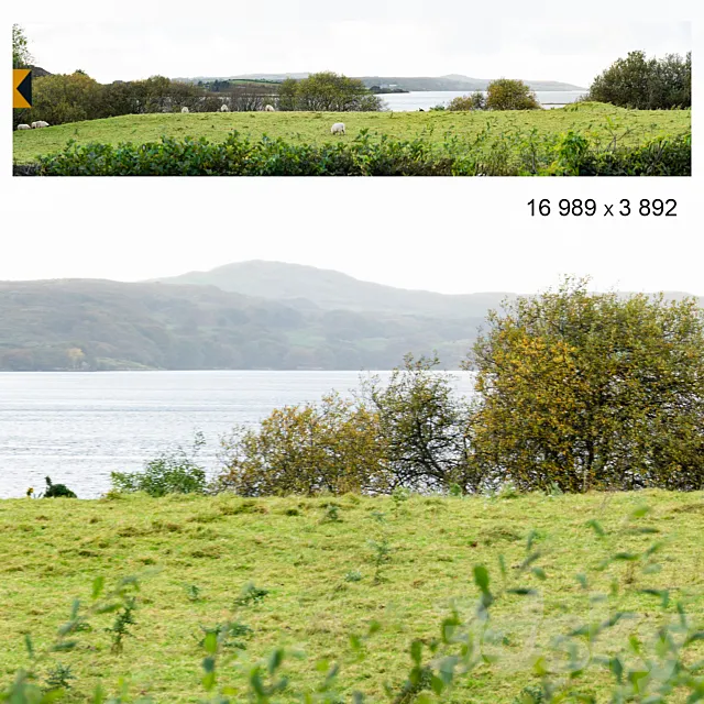 Autumn panorama. Northern Ireland. View of the ocean bay and field. 3ds Max