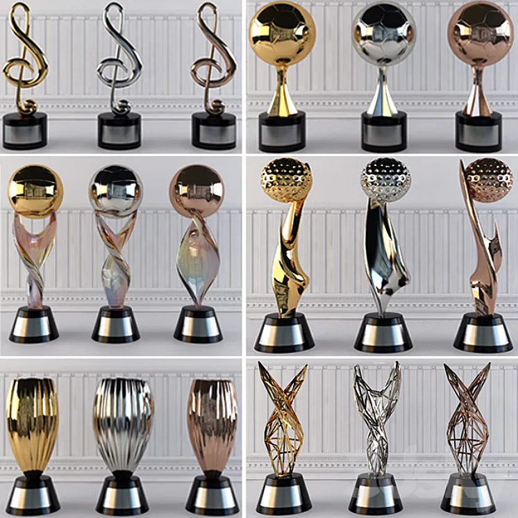 Award Prize Cup Trophy Set 18 Piece Decorative Objects 3DS Max