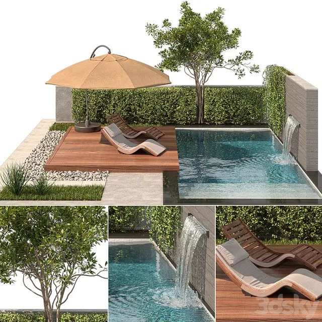 Backyard with Pool & plants & Furniture 3dsMax Model