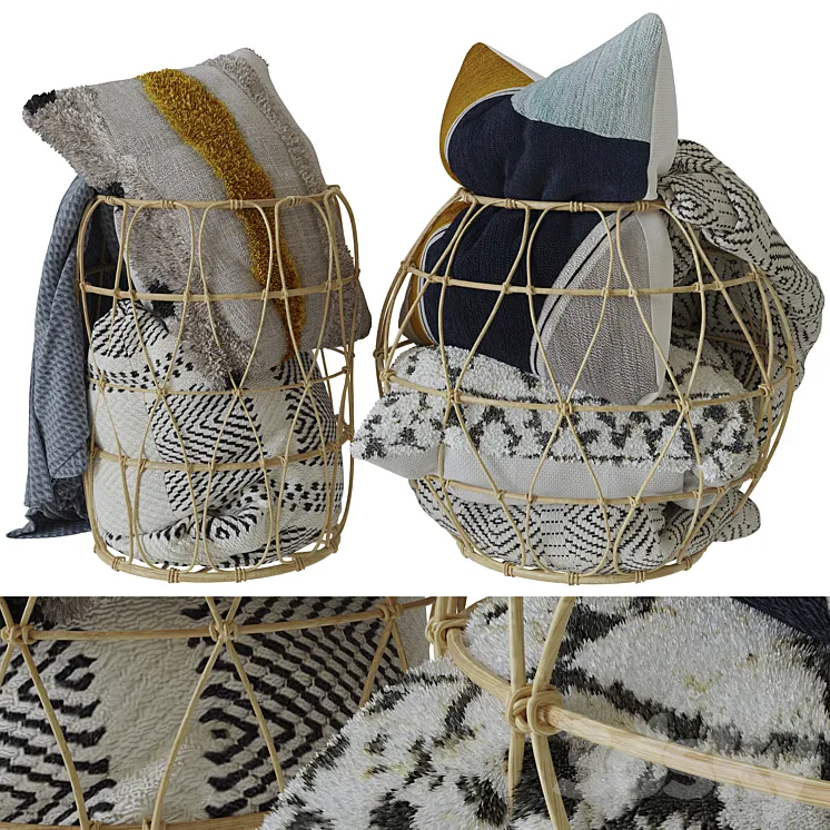 Bamboo basket with decorative pillows and a blanket 3DS Max
