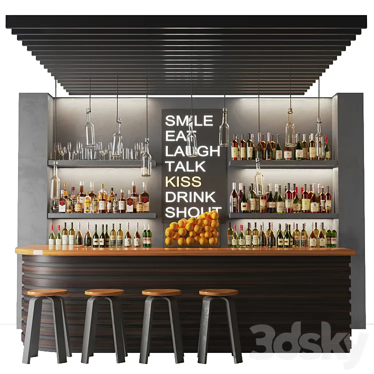 Bar counter in a restaurant with collection alcohol. Bar 3DS Max