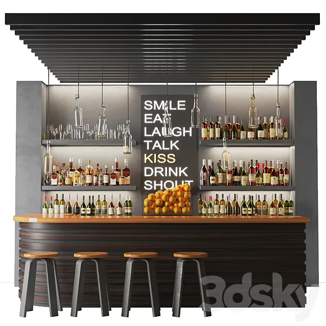 Bar counter in a restaurant with collection alcohol. Bar 3DSMax File