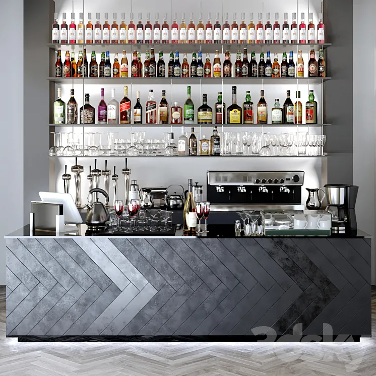 Bar counter with a collection of alcohol. Alcohol bar 3DS Max