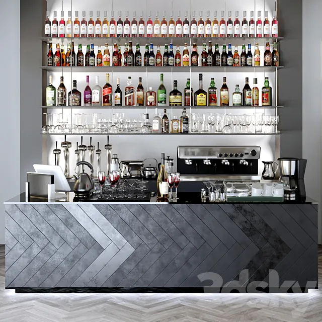 Bar counter with a collection of alcohol. Alcohol. bar 3DSMax File