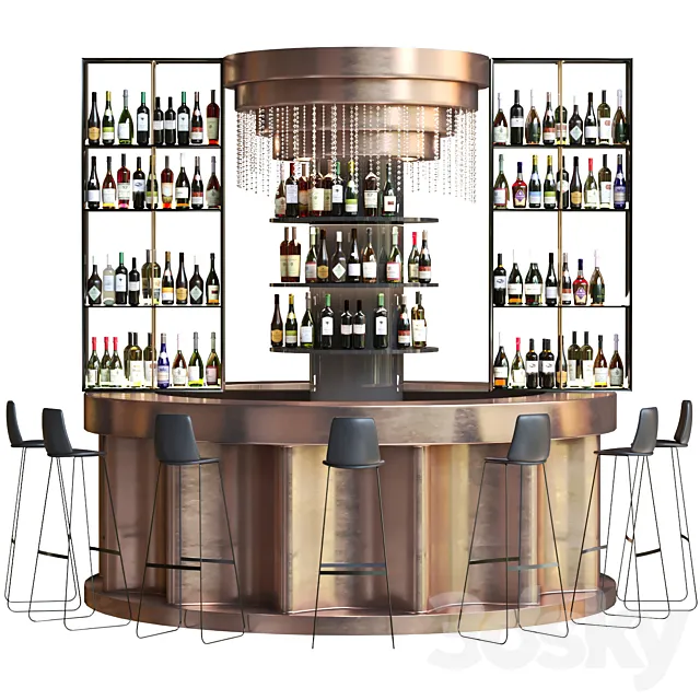 Bar counter with copper decor and strong alcohol. The pub 3DS Max Model