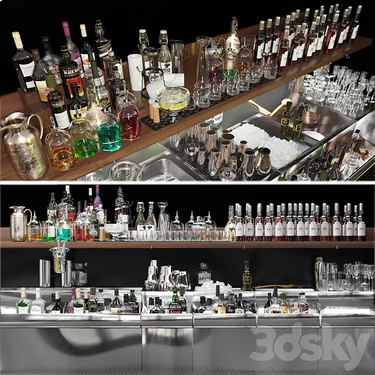 Bar counter with elite alcohol and cocktails. The pub 3DS Max