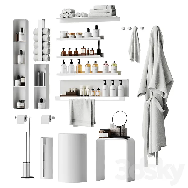 Bathroom decor with a set of different cosmetic products 3ds Max