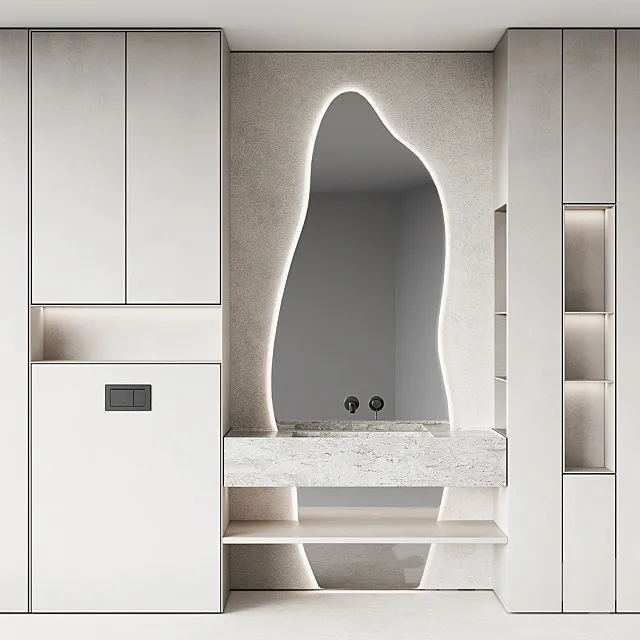 Bathroom furniture set 8. Monochrome grey. Curved mirror shape. Stone sink. Wall-mounted faucet. 3DS Max Model