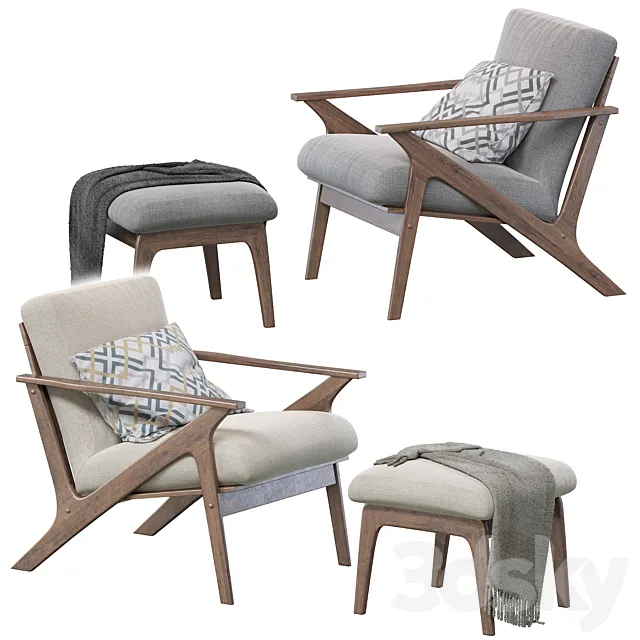 Baxton Studio Bianca Mid-Century Modern Walnut Wood Distressed Faux Leather Lounge Chair And Ottoman Set 3ds Max