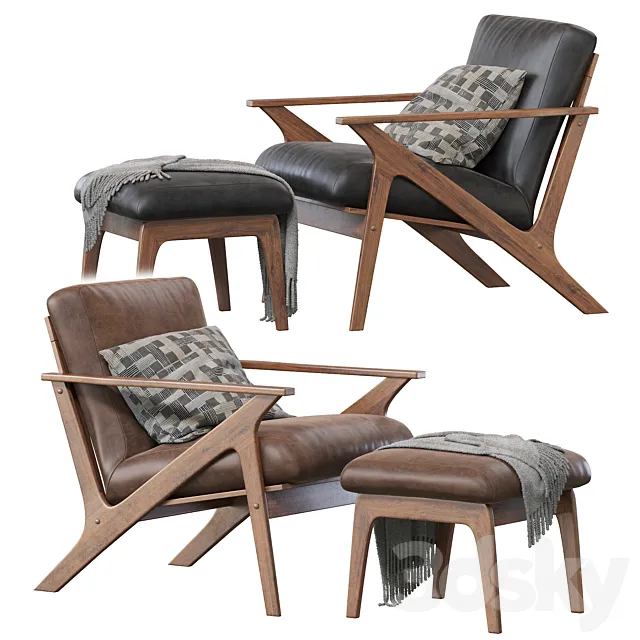 Baxton Studio Bianca Mid-Century Modern Walnut Wood Distressed Faux Leather Lounge Chair And Ottoman Set 3DS Max Model