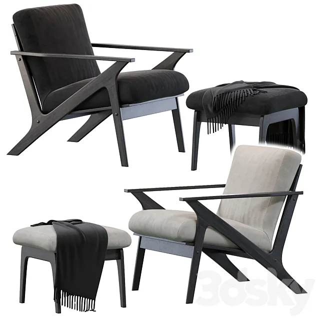 Baxton Studio Bianca Mid-Century Modern Walnut Wood Distressed Faux Leather Lounge Chair And Ottoman Set 3DSMax File