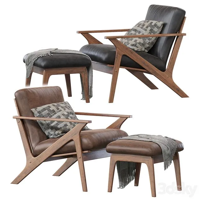 Baxton Studio Bianca Mid-Century Modern Walnut Wood Distressed Faux Leather Lounge Chair And Ottoman Set 3dsMax Model