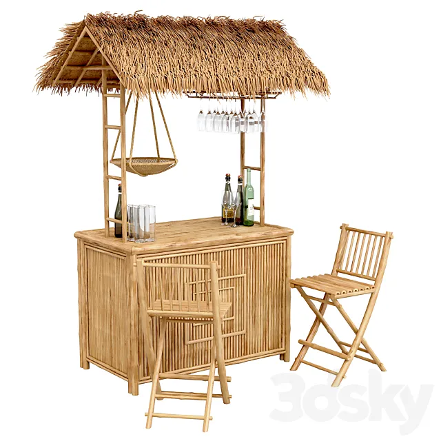 Beach Bamboo Bar with bottles and glasses 3DS Max Model