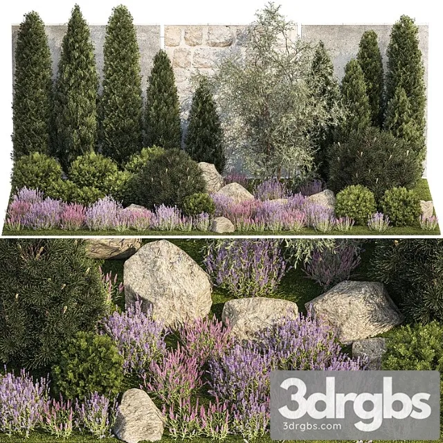 Beautiful Garden with Arborvitae and Landscaping with Pine Cypress Topiary Boulder Stones Flowers and Lavender Sage Bushes 1265 3dsmax Download