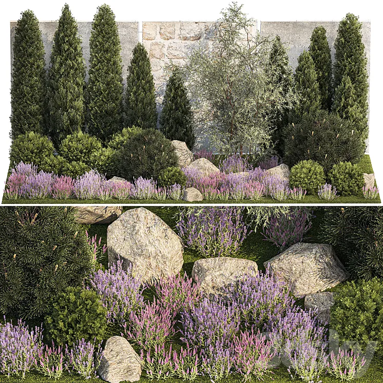 Beautiful garden with arborvitae and landscaping with pine cypress topiary boulder stones flowers and lavender sage bushes. 1265 3DS Max Model