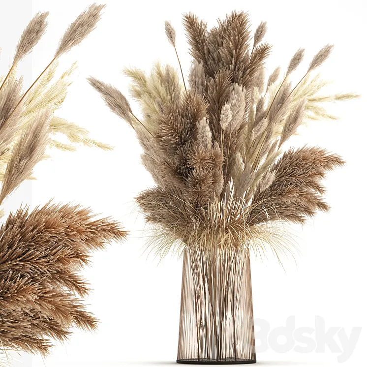 Beautiful lush bouquet of dried flowers in a vase with dry branches of pampas Cortaderia white reeds. 146. 3DS Max Model