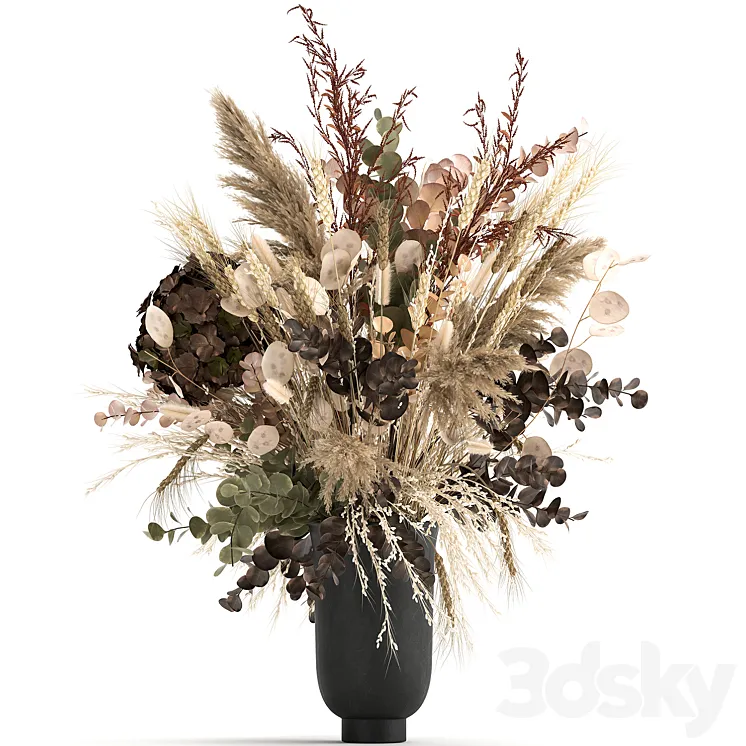 Beautiful lush bouquet of dried flowers in a vase with hydrangea pampas Lunnik spikelet Barberry. 173 3DS Max Model