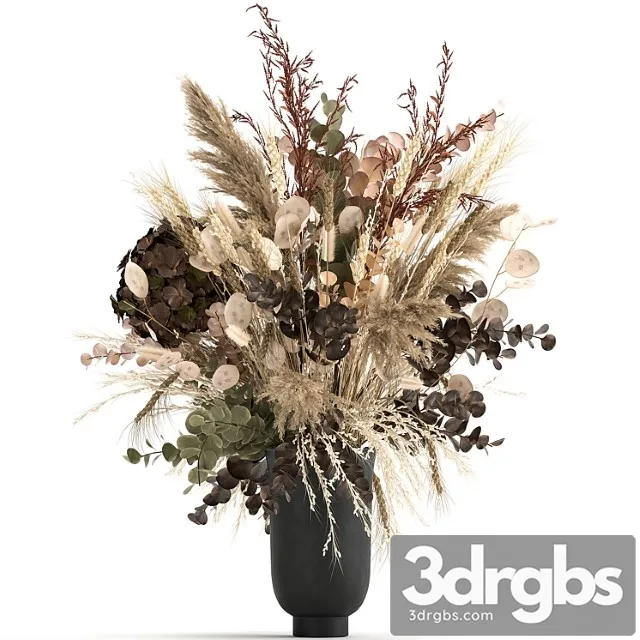 Beautiful lush bouquet of dried flowers in a vase with hydrangea, pampas lunnik, spikelet, barberry. 173