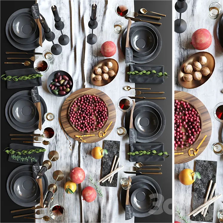 Beautiful table setting with black dishes with fruits nuts and candlesticks. Service 3DS Max