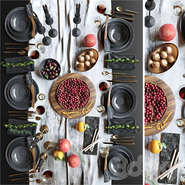 Beautiful table setting with black dishes with fruits. nuts and candlesticks. Service 3DSMax File