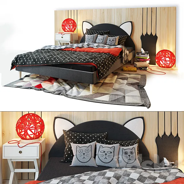 Bed and wooden panel. Kitten.LASKA Family 3ds Max