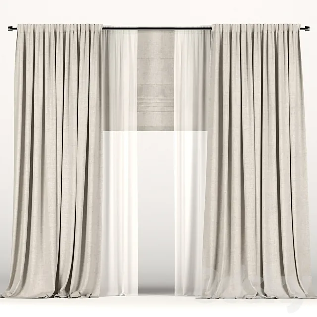 Beige curtains with tulle and a roman curtain 3ds Max
