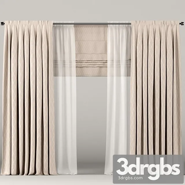 Beige curtains with tulle and roman blinds. 3dsmax Download