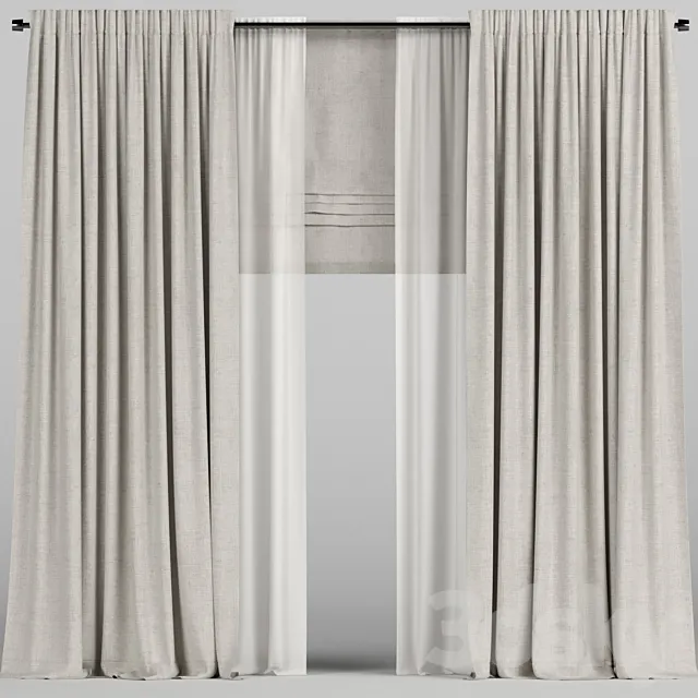 Beige curtains with tulle and roman blinds. 3DSMax File