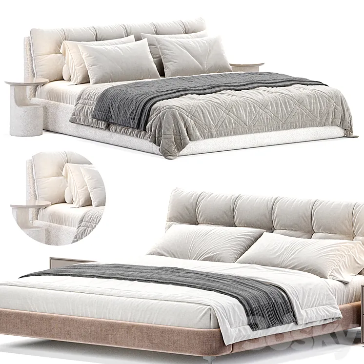 Beige Upholstered Panel Modern Bed 3DS Max Model