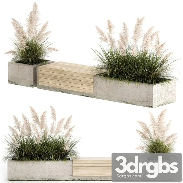 Bench flowerbed for the urban environment in a concrete flowerpot with bushes of reeds and pampas grass cortaderia. 1144. 3dsmax Download