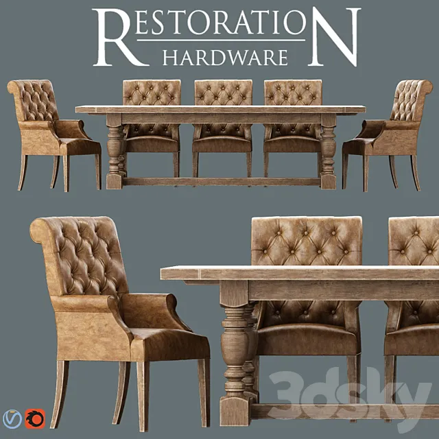 Bennett Roll-Back Armchair _ 1930s French Farmhouse Rectangular Dining Table 3ds Max
