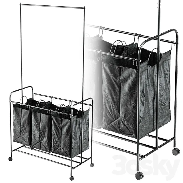 Black 3 Bag Heavy Duty Divided Laundry Hamper Sorter Cart with Wheels and Hanging Bar 3DS Max Model