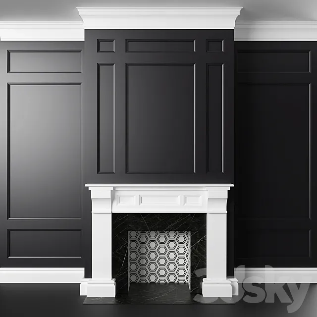 Black and white fireplace and panels 3ds Max