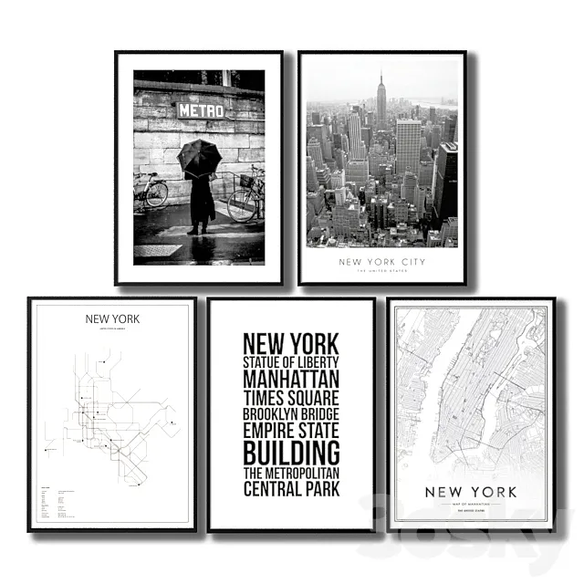 Black and white posters about the city of New York. 3DS Max Model