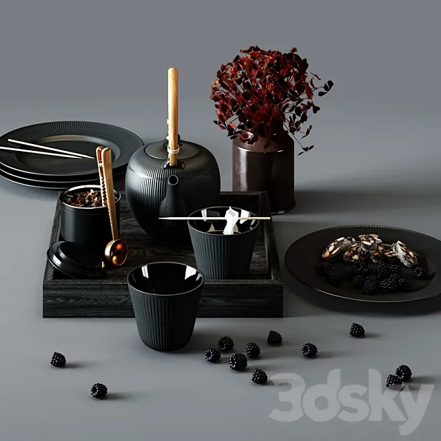 BLACK FLUTED set – thermal teapot. plates and cups 3DSMax File