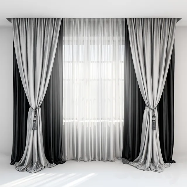Black satin curtains with pick-up brush. gray curtains in the floor and tulle 3DSMax File