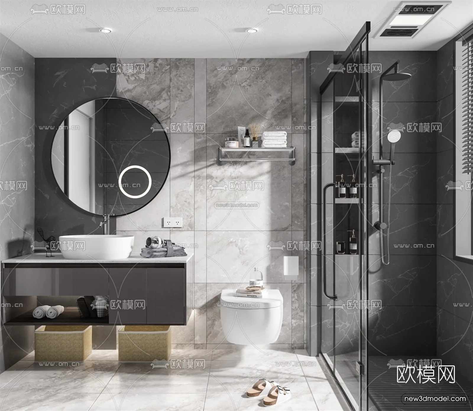 Black – White – Gray Colors Interior 3D Blocks – Bathroom 3D Scene – 265 – VRAY