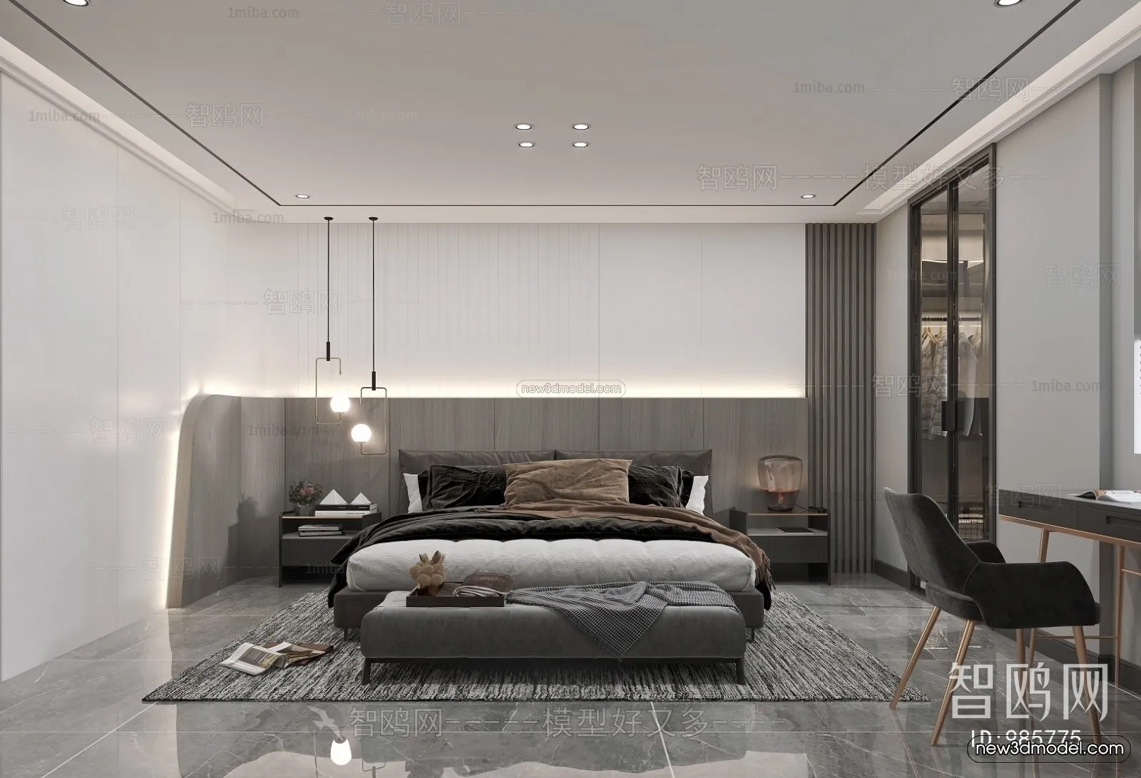 Black – White – Gray Colors Interior 3D Blocks – Bedroom 3D Scene – 146 – VRAY