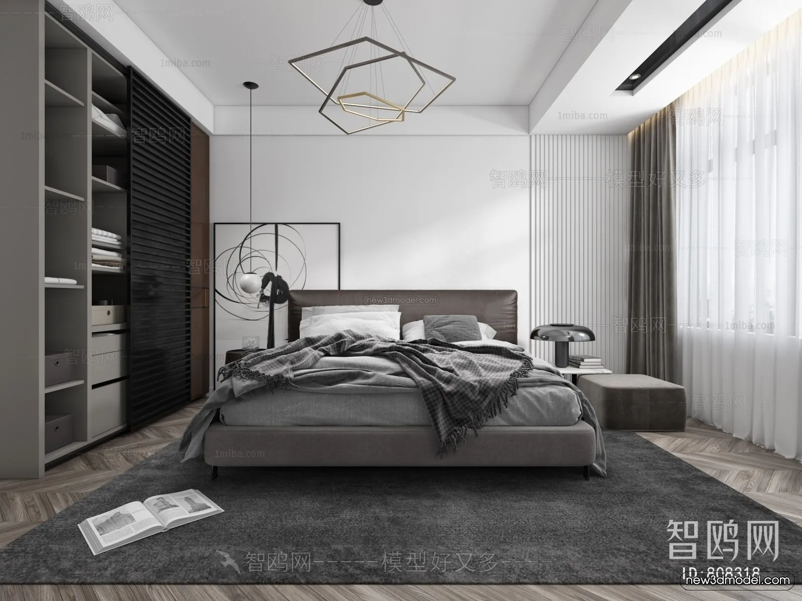 Black – White – Gray Colors Interior 3D Blocks – Bedroom 3D Scene – 152 – VRAY