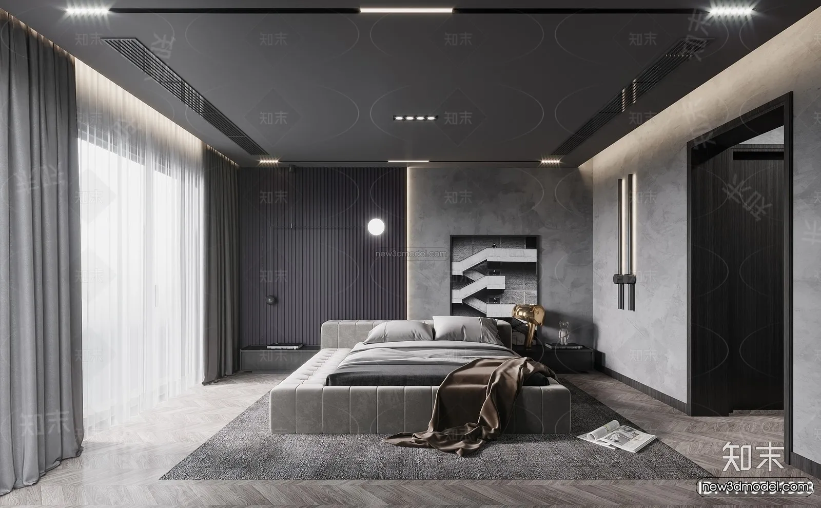 Black – White – Gray Colors Interior 3D Blocks – Bedroom 3D Scene – 158 – CORONA
