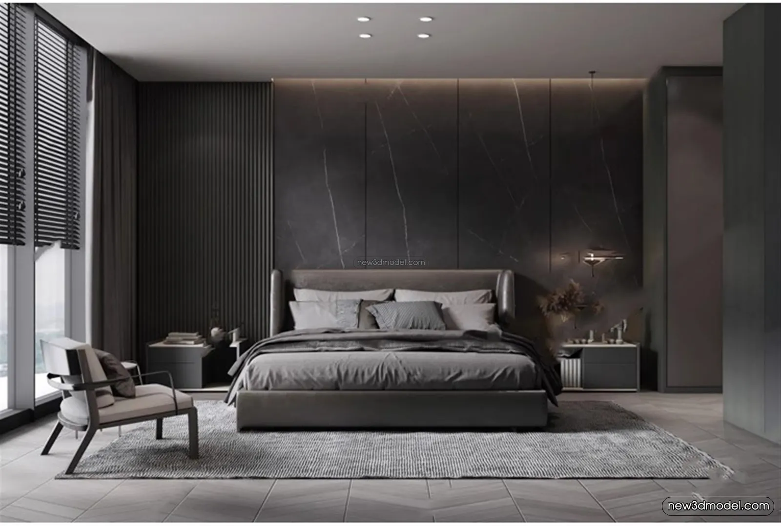 Black – White – Gray Colors Interior 3D Blocks – Bedroom 3D Scene – 159 – VRAY