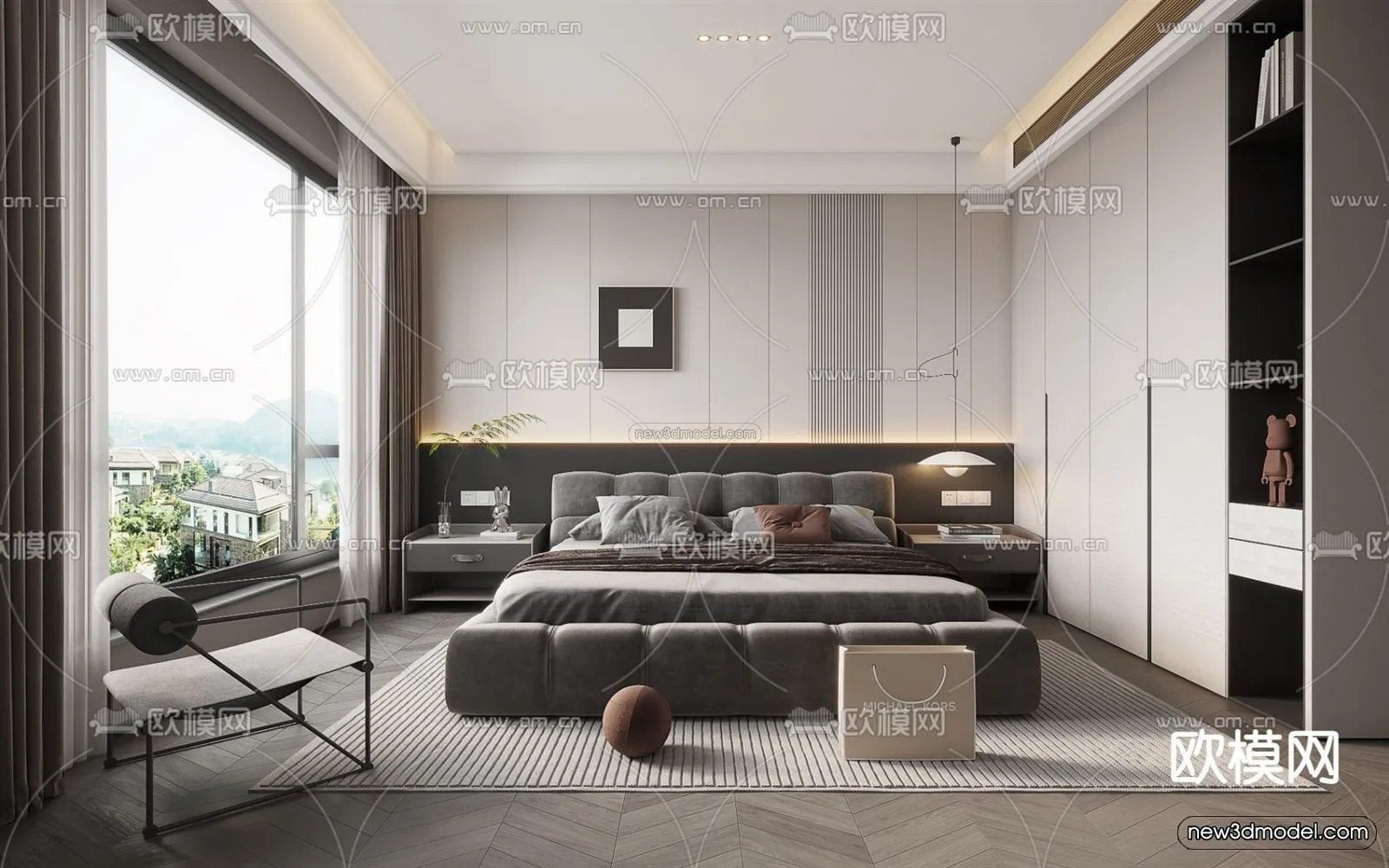 Black – White – Gray Colors Interior 3D Blocks – Bedroom 3D Scene – 160 – CORONA