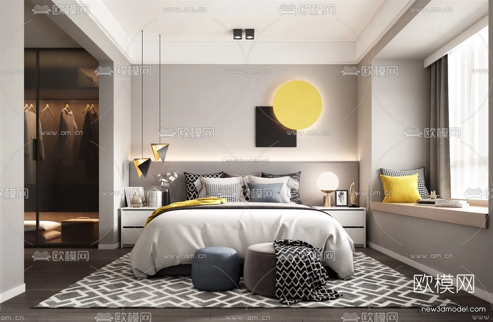 Black – White – Gray Colors Interior 3D Blocks – Bedroom 3D Scene – 164 – VRAY