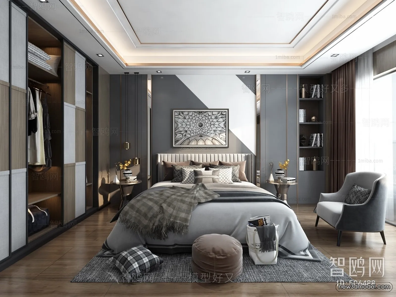 Black – White – Gray Colors Interior 3D Blocks – Bedroom 3D Scene – 166 – VRAY