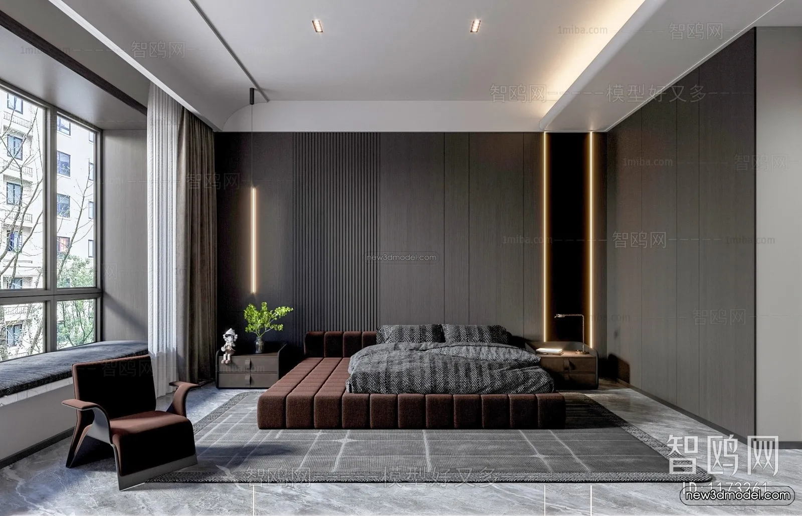 Black – White – Gray Colors Interior 3D Blocks – Bedroom 3D Scene – 172 – VRAY