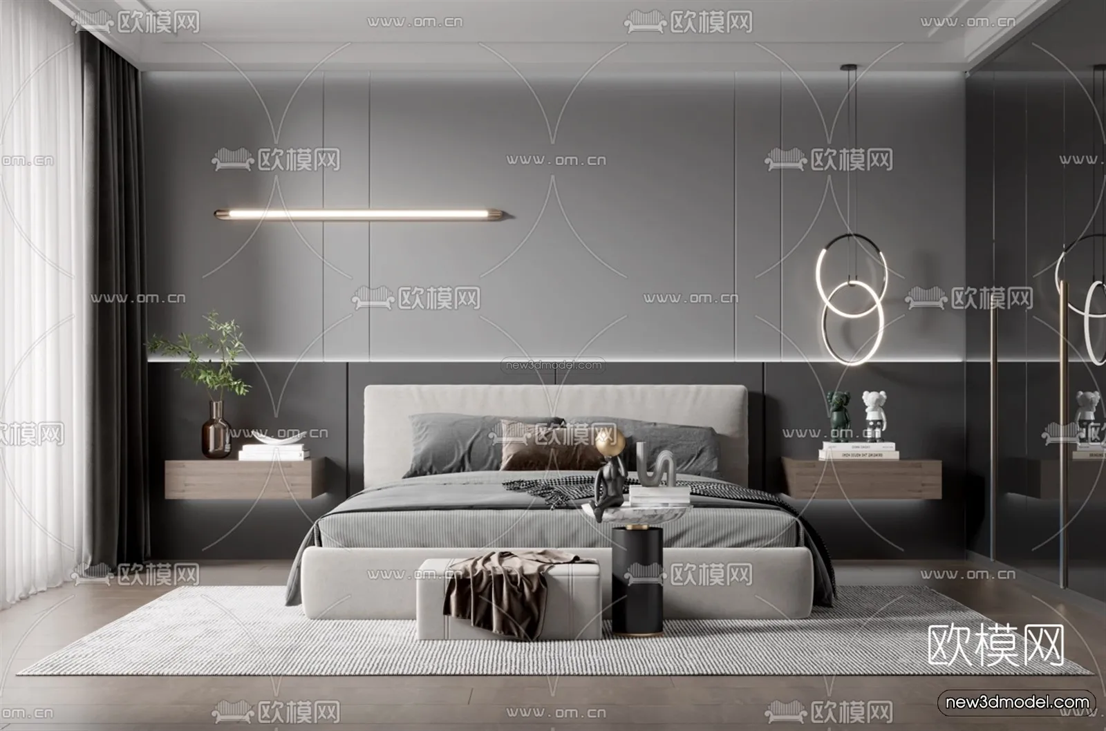 Black – White – Gray Colors Interior 3D Blocks – Bedroom 3D Scene – 173 – VRAY