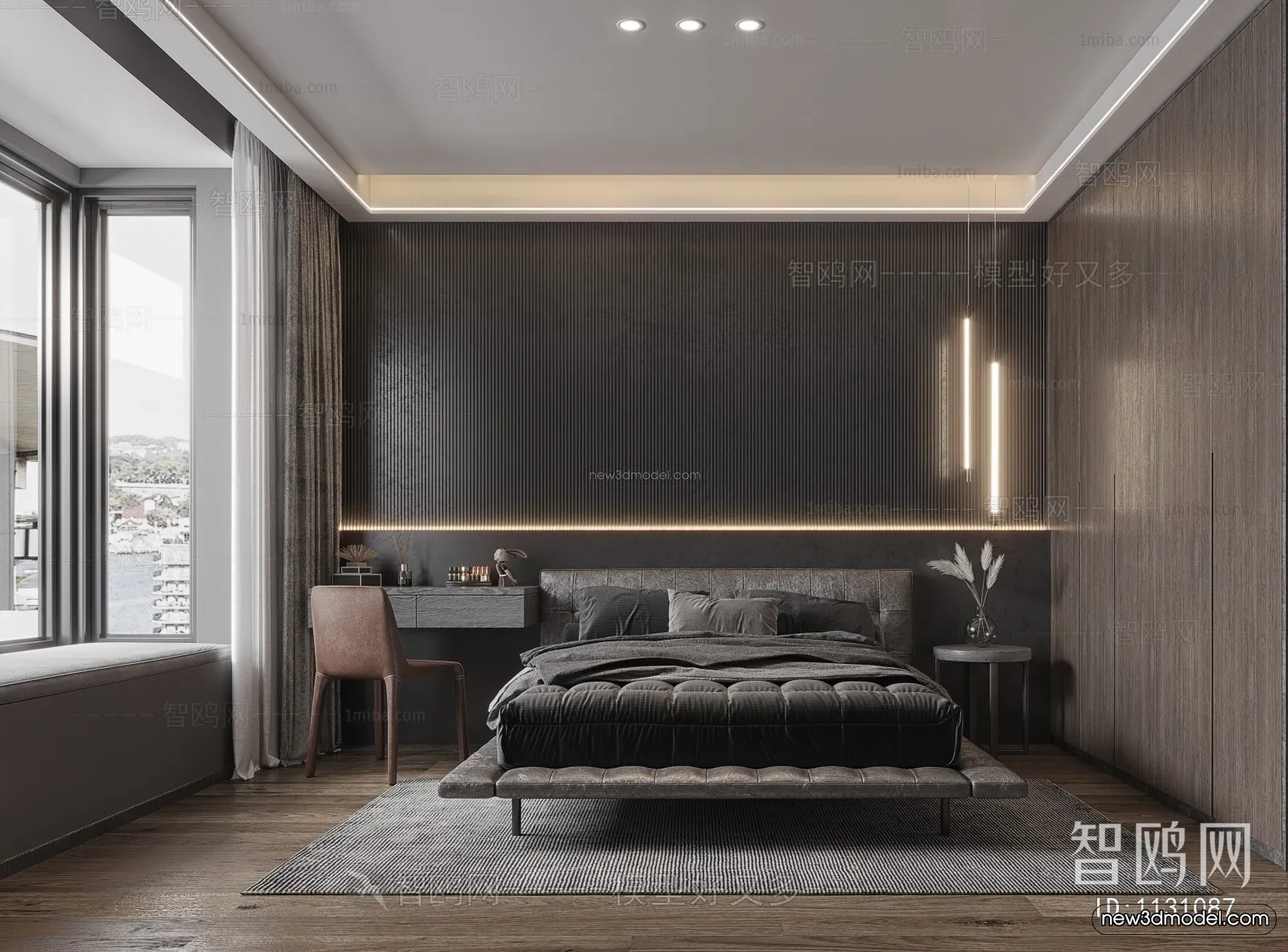 Black – White – Gray Colors Interior 3D Blocks – Bedroom 3D Scene – 175 – VRAY